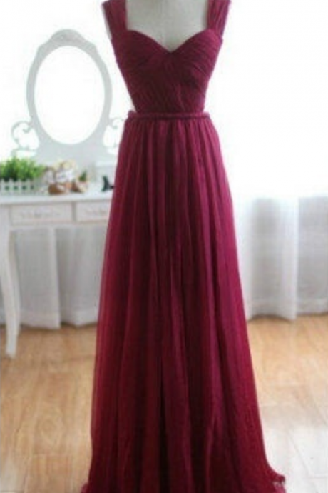 Straps Long Chiffon Prom Dress， A Line Wine Red Bridesmaid Dresses