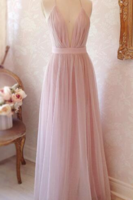 Simple A line V-neck Long Prom Dress,Tulle Evening Dress,Pink Prom Dress with Criss Cross Back,Formal Dress,Maxi Dress