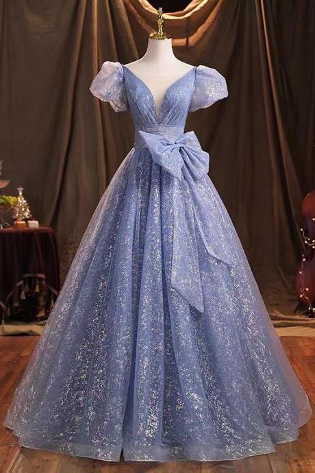 Long temperament ball gown dress,bubble sleeve prom dress, fairy blue party dress