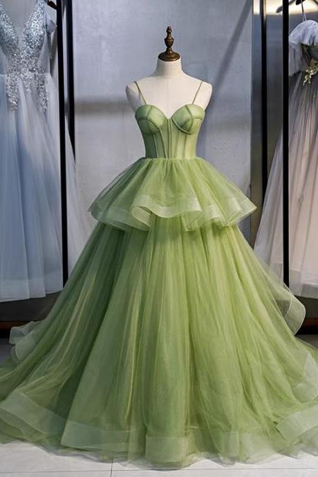 Long Temperament Elegant Dress, Green Spaghetti Strap Dress