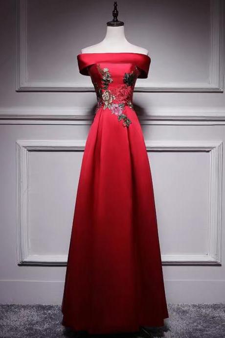 Satin Evening Dress, Red Prom Dress, Formal Party Dress With Applique