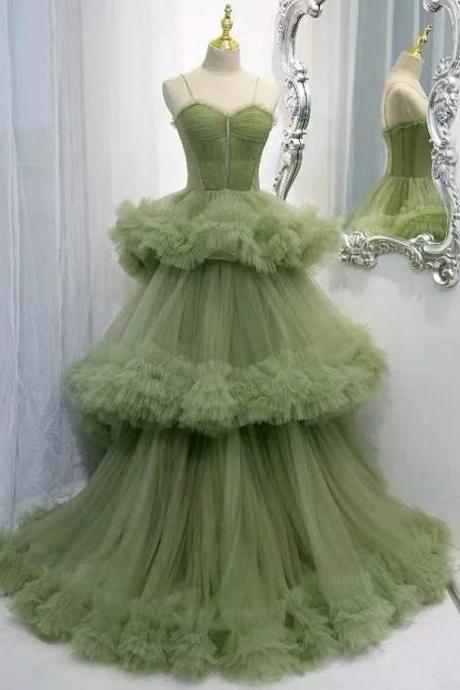 Strap Evening Dress, Luxury, Fairy, Socialite, Temperament, Long Green Party Dress, High Qulaity Elegant Dress