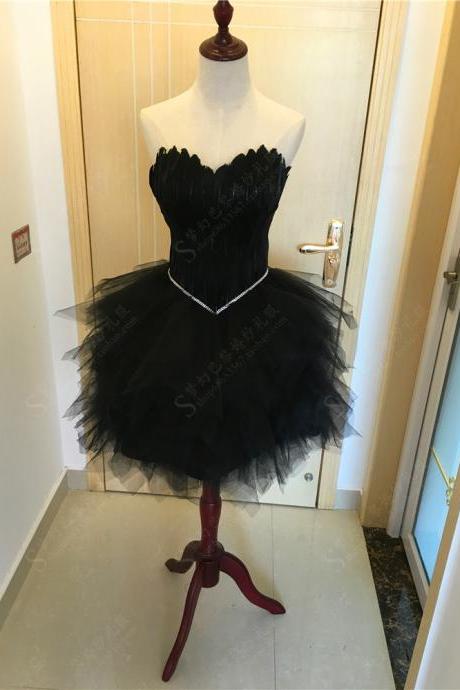 Black Feather Evening Dresses Thin Prom Dinner Birthday Party Host Short Dress Bridesmaid