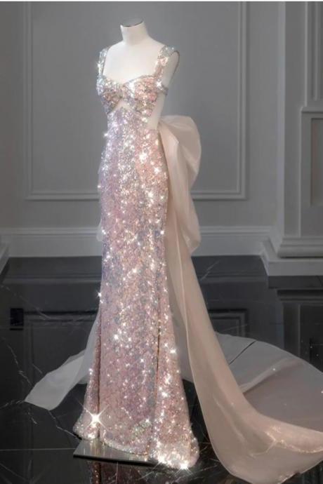 Halter evening dress high-end light luxury niche senior sense sequined dresses host female banquet temperament fishtail dress