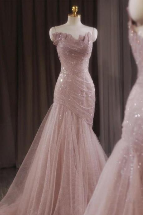 Evening dresses female fishtail niche light luxury high-end temperament host pink dresses senior engagement dress