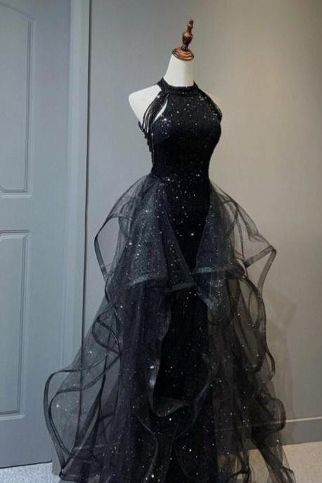 Black Evening Dress High-end Luxury Niche Hanging Neck Dresses Senior Sense Of Annual Meeting Temperament Sequins Female