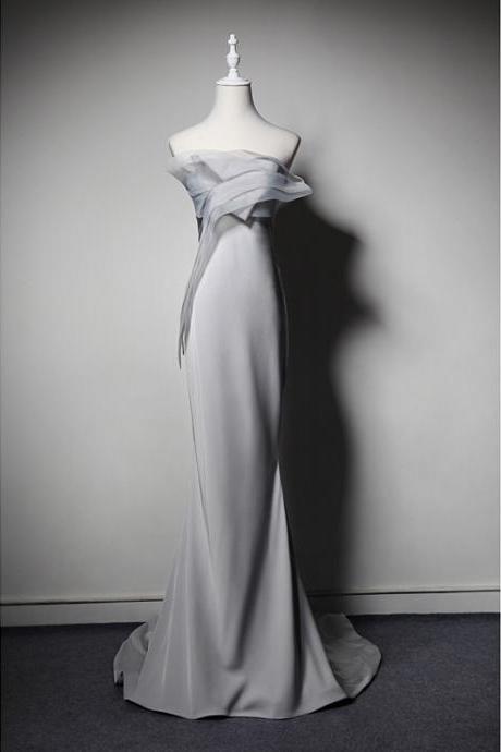 One Shoulder Light Grey Dress Prom Party Gown Elegant Long Dress 