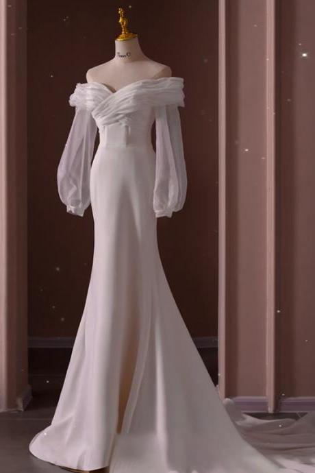 One-shoulder long-sleeved light wedding dress new simple satin Slim fishtail bridal gown dress female
