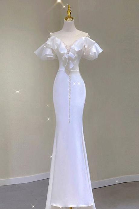 Ruffle One Shoulder Light Wedding Dress Senior Sense Satin Simple Vintage Bride Fishtail Dress
