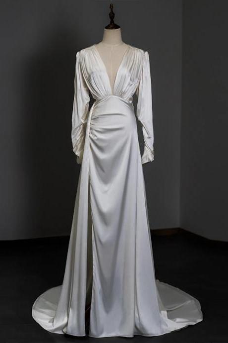 Satin long-sleeved light wedding dress new bride elegant temperament V-neck thin out of doors yarn trailing dress 
