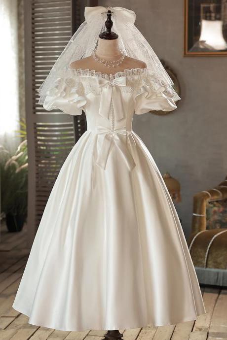 Small vintage satin light wedding dress bride princess birthday dress white female 