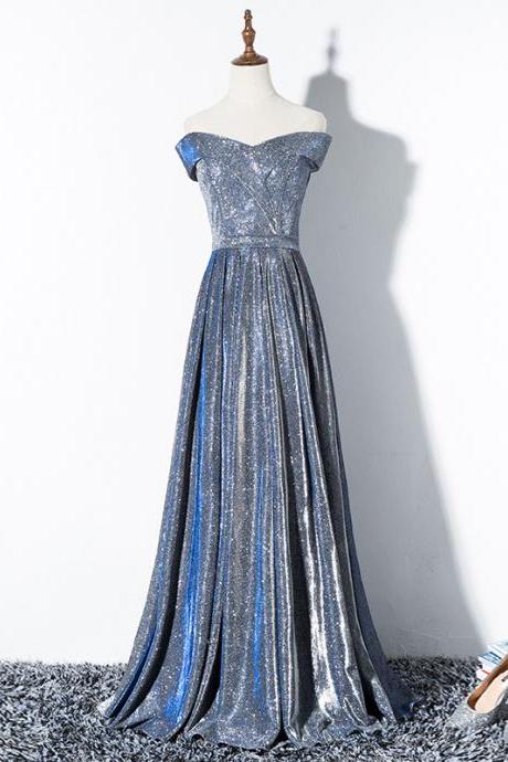 Evening dresses female new one-shoulder gray-blue students annual meeting activities partywear long dress shiny 