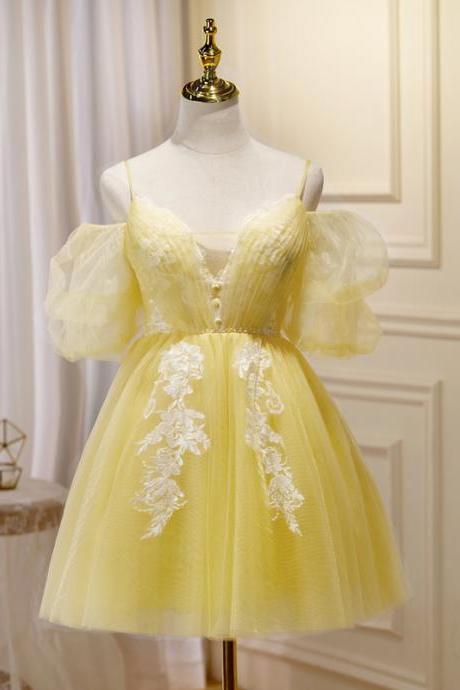 Yellow Lace Dress Halter Fairy Department Sweet Bubble Sleeve Princess Birthday Party Small Annual Meeting Short Dress