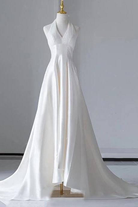 Satin wedding dress new bride simple temperament backless out of doors yarn trailing dress