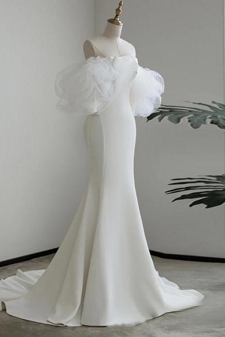 Fishtail light wedding dresses new bride temperament breasted simple satin out of doors yarn super fairy trailing dress
