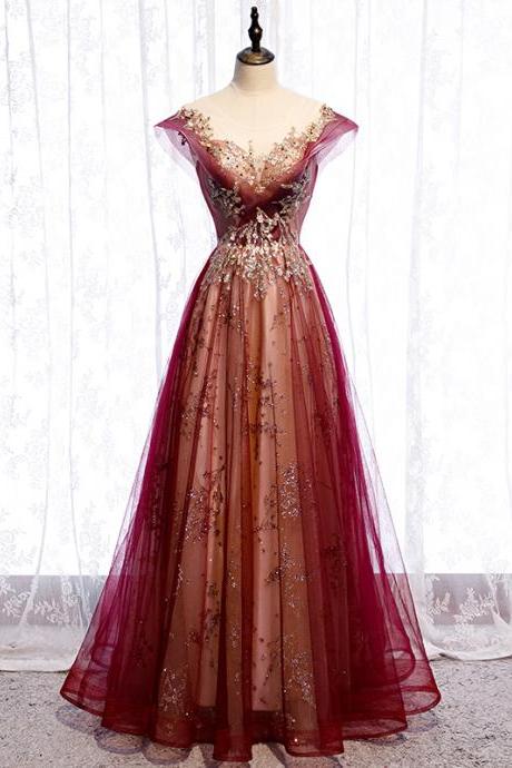 Evening Dress Appliques Bling Sleeveless A-Line Floor-Length Lace O-Neck Luxurious Burgundy Tulle Party Formal Gown Woman