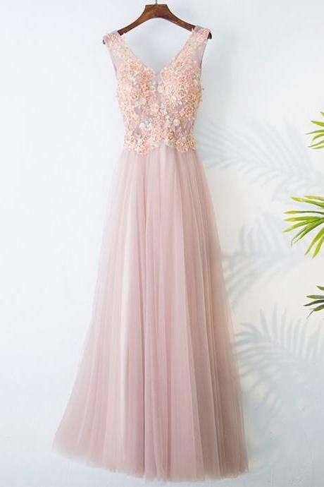 Prom Dresses V-neck Tulle Floor-length Evening Gown Appliques Beading A-line Prom Dress