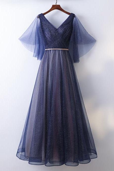Evening Dress Sequins Elegant V-neck Simple A-line Empire Short Sleeves Floor-length Plus Size Women Formal Party Gown