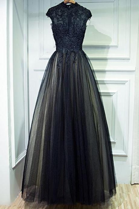 Black Evening Dress Fashion Appliques High Neck Sleeveless Pleat Tulle Floor-length Plus Size Women Formal Party Gown