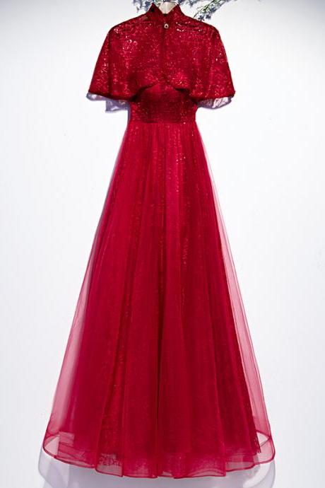 Red High Neck Evening Dress Embroidery Short Sleeves Floor-length Lace Up Tulle A-line Plus Size Women Formal Party Gown