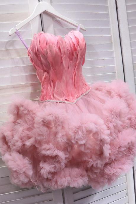 Party Dresses Pink Feather Crystal Tulle Above Knee A-line Strapless Lace Up Plus Size Sleeveless Ruched Women Prom Gowns
