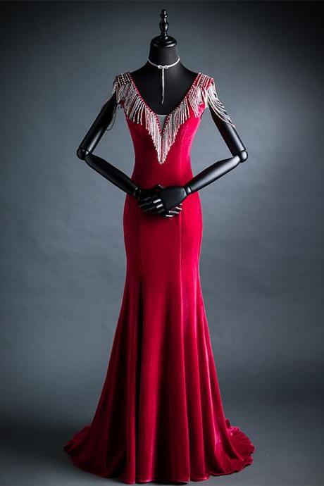 Burgundy V-Neck Evening Dress Tassel Sleeveless Pleat Floor-Length Fashion Simple Mermaid New Party Formal Dresses Woman