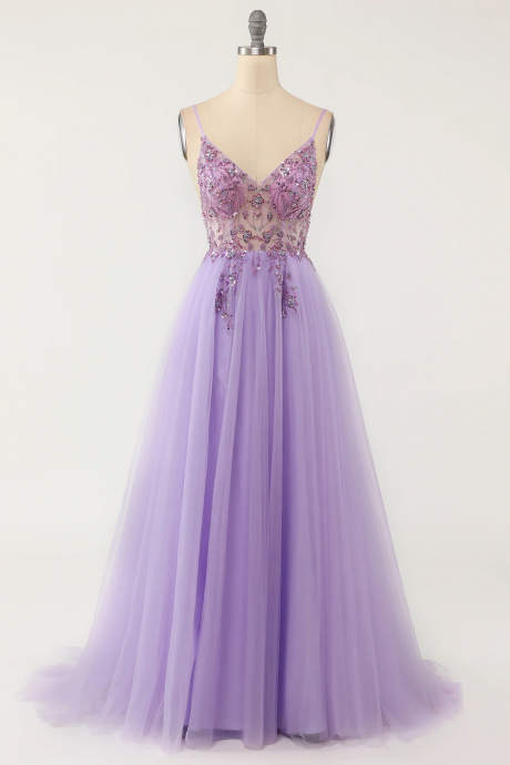 Purple Beaded Tulle Long Prom Dress Elegant Evening Dress
