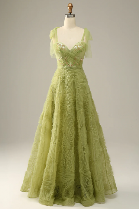 Light Green A-line Prom Dress With Embroidery Evening Gowns