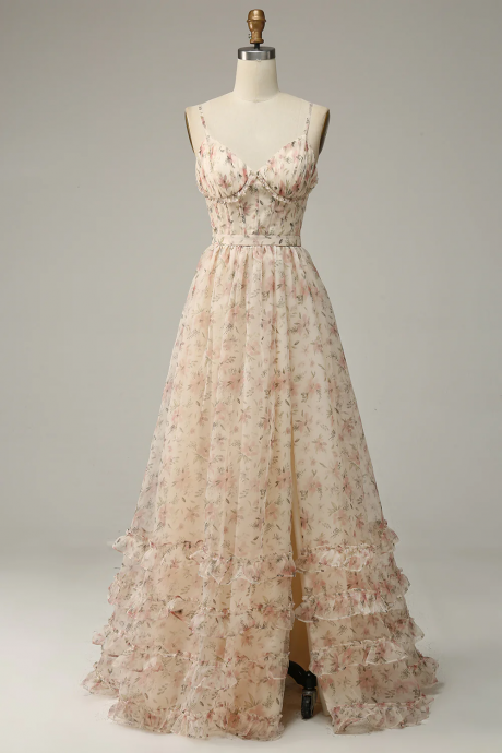 Apricot A Line Print Prom Dress with Slit Evening dress