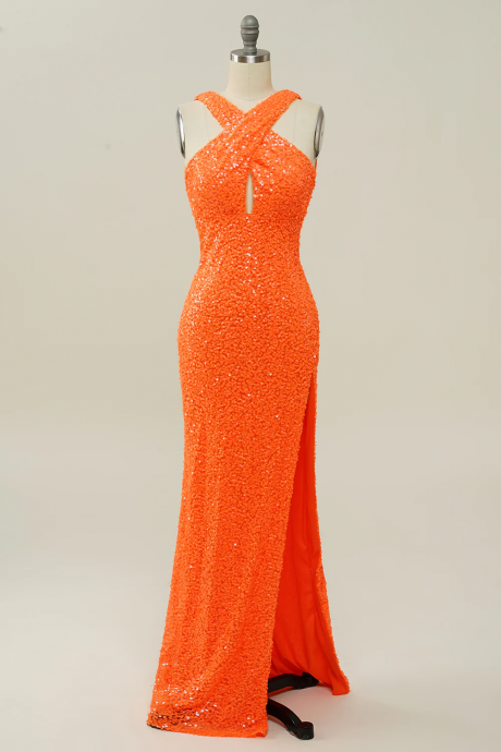 Orange Halter Sequined Backless Mermaid Prom Dress