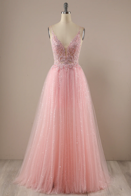 Pink Sequin Long Prom Party Dress Sleeveless A-line Dress