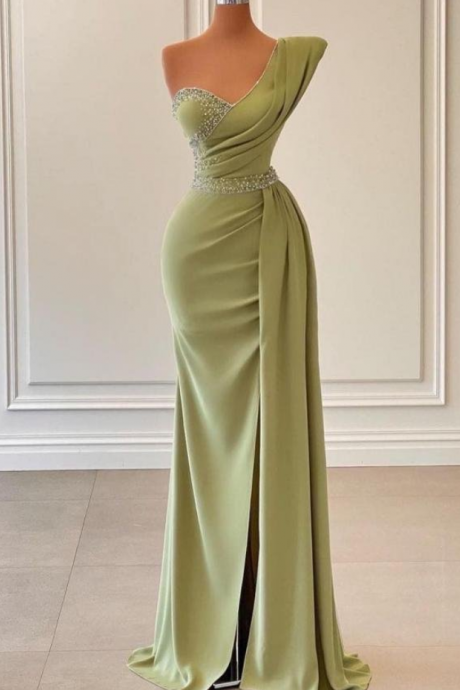 Prom Dresses, Modern One Shoulder Sage Mermaid Prom Dress Long Ruffles With Beads