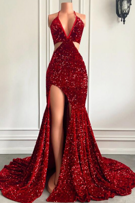 Prom Dresses, Glamorous Halter Mermaid Sequins Burgundy Evening Dress With Slit