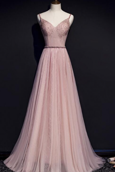 Prom Dresses, Pink V-neckline Beaded Tulle Prom Dress