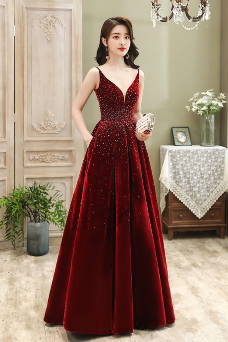 Prom Dresses, Wine Red Velvet Straps Long Evening Dress, Floor Length Style Prom Dress