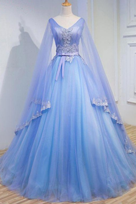 Prom Dresses, Beautiful Blue V-neckline Prom Dress With Long Sleeves
