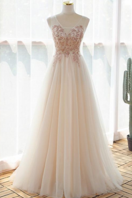 Prom Dresses,beautiful Ivory V-neckline Floor Length Tulle Prom Dres