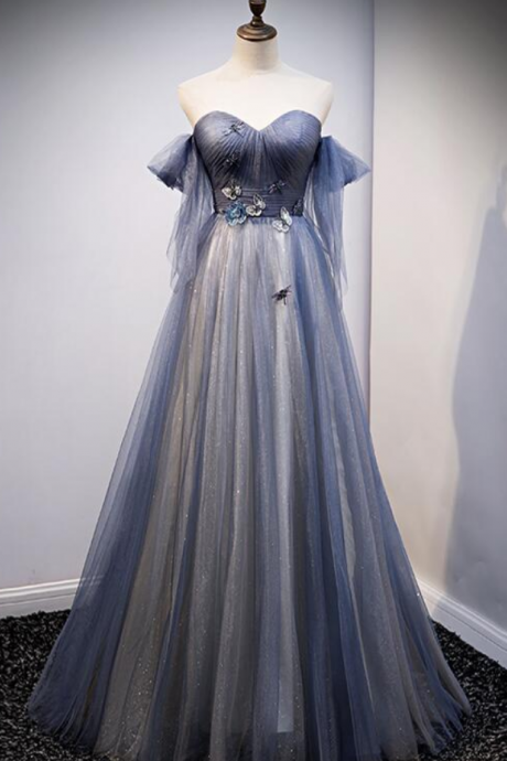 Prom Dresses, Blue And Grey Tulle Long Sweetheart Style Party Dress