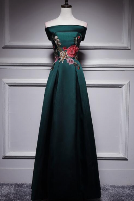 Prom Dresses, Dark Green Satin Off Shoulder Floor Length Satin Party Dress