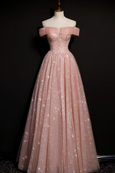 Prom Dresses, Off Shoulder Pink Tulle Long A-line Prom Dress With Beadings