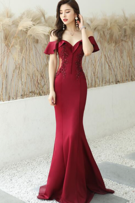 Prom Dresses, Wine Red Mermaid Long Party Dress Evening Dress