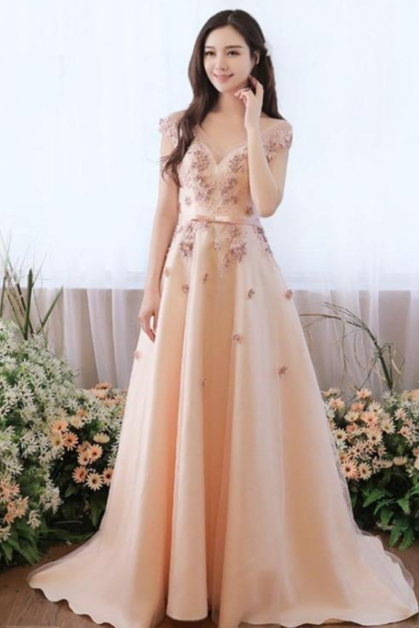 Prom Dresses, Champagne Satin And Tulle Long Party Dress With Flowers Lace