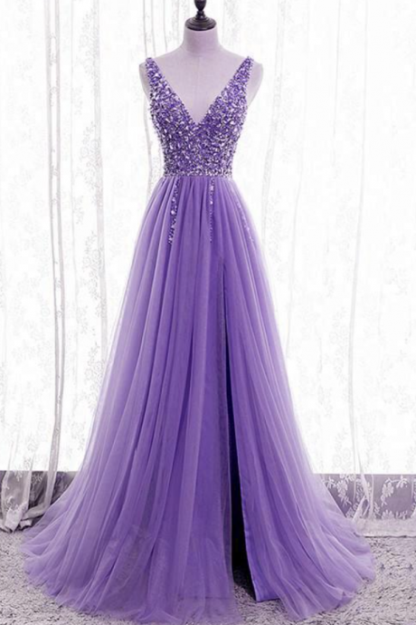 Prom Dresses, Purple Beaded V-neckline Tulle Sparkle Party Dress Evening Dress