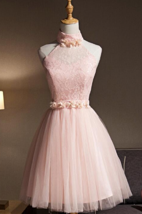 Homecoming Dresses, Lovely Pink Halter Tulle Flowers Short Prom Dress Homecoming Dress