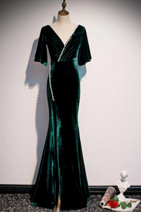 Prom Dresses, Dark Green Velvet Mermaid Slit V-neckline Formal Dress Party Dress