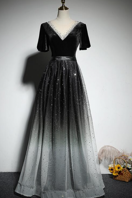 Prom Dresses, Black Gradient Tulle And Velvet Short Sleeves V-neckline Tulle Party Dress