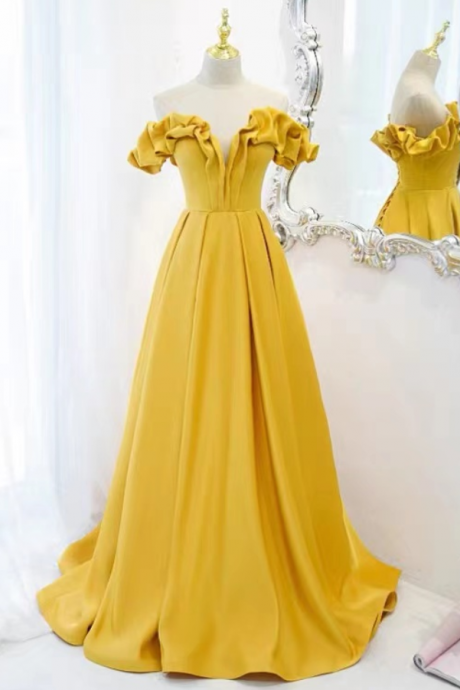 Prom Dresses, Long Yellow Prom Dress, Off Shoulder Fashionable Temperament Party Dress