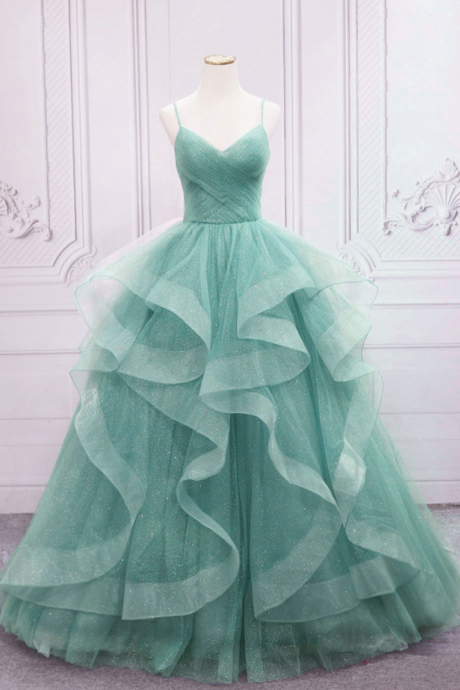 Prom Dresses, Green A-line V Neck Tulle Long Prom Dress
