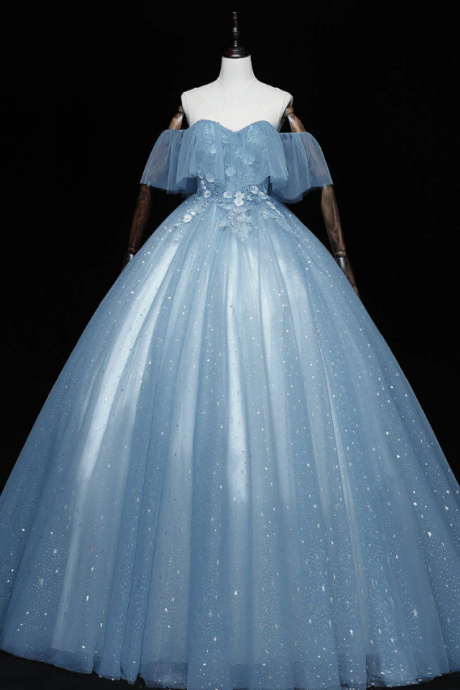 Prom Dresses, Blue Ball Gown Tulle Off Shoulder Party Dress