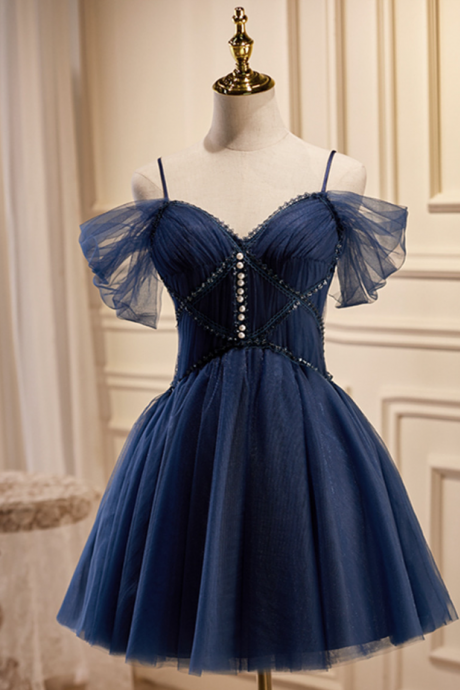 Homecoming Dresses,Navy Blue Short Tulle Prom Dress